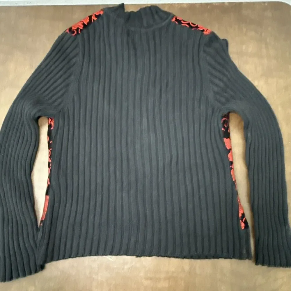 CHRISTOPHER & BANKS Black Zip Cable Sweater w/ Bright Red 